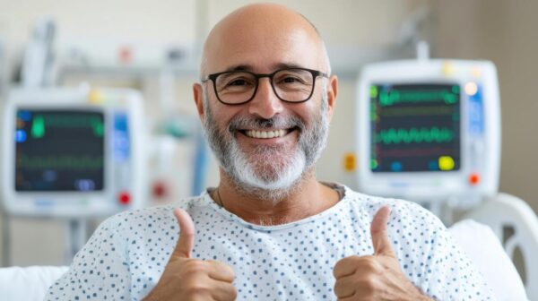 Paciente em recuperação hospitalar fazendo gesto positivo